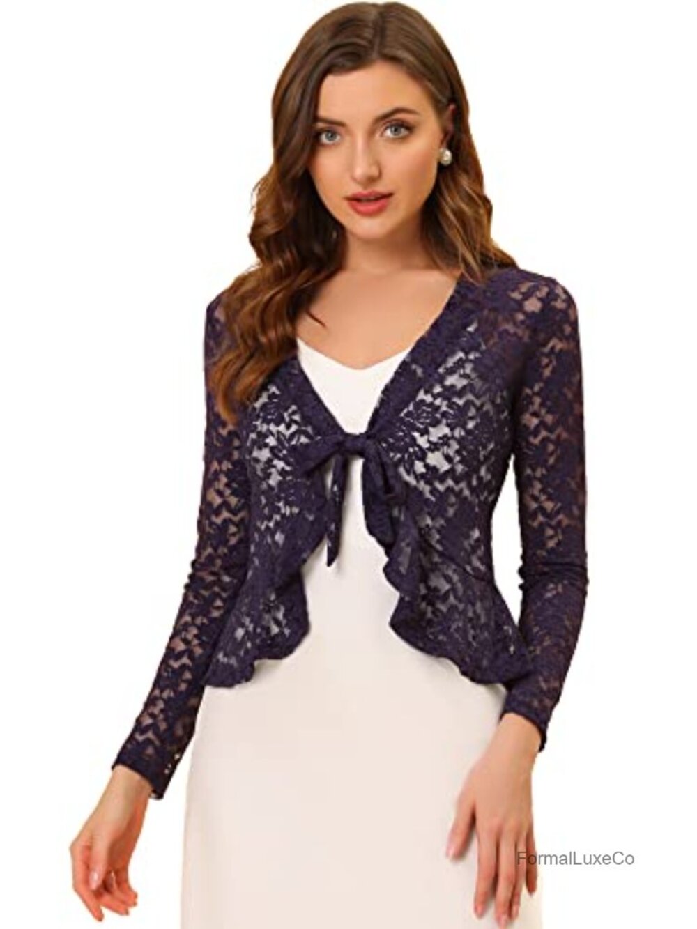 Lace Shrug Women's Tie Front Ruffle Formal Evening Bolero